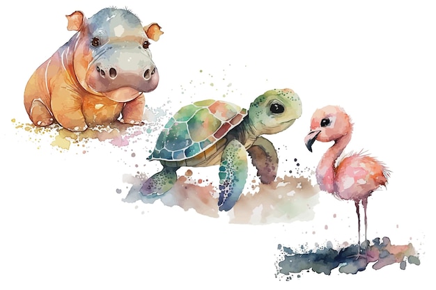 Photo safari animal set flamingo hippopotamus turtle in watercolor style isolated vector illustration
