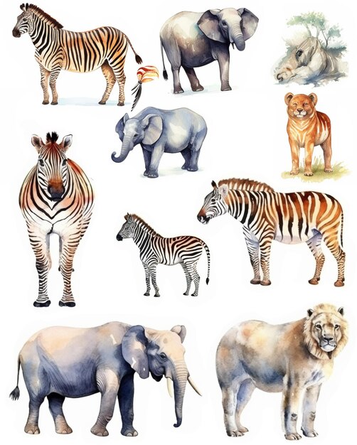 Safari Animal set zebra leeuw olifant in aquarel stijl