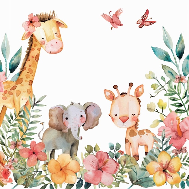 Safari Animals heds Floral Tropical Flower Girl Nursery Wall Art Watercolor