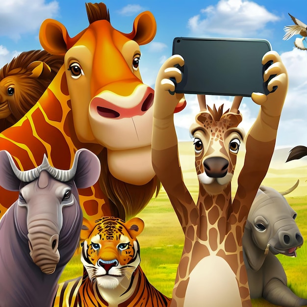 Foto safari animals prendendo uno stile cartone animato selfie