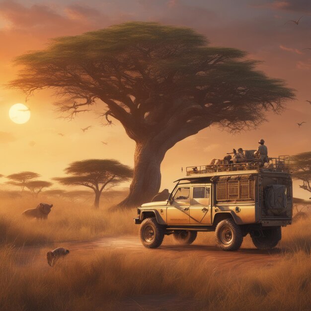 safari auto in de woestijn safari afrika 3d illustratie modern en mooi landschap ontwerp