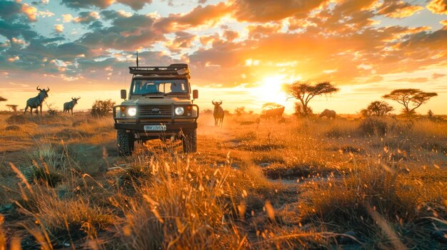 Foto safari avontuur in de afrikaanse savannah bij sunsetxa