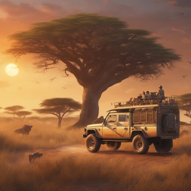 safari car in desert safari Africa 3d illustration modern and beautiful landscape design