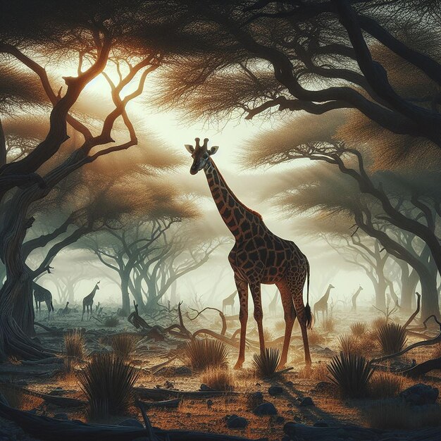 Safari dier majestueuze giraffe die in het midden van een veld staat realistische ai gegenereerd