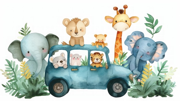 Foto safari dieren grappig jungle cartoon rijden op een auto in cartoon waterverf stijl gegenereerd ai beeld