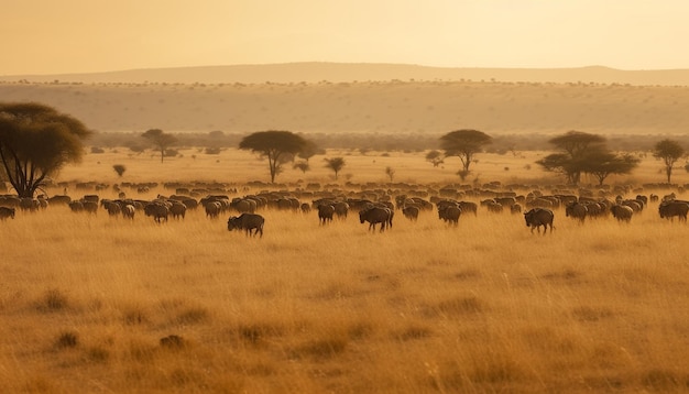 Safari-dieren grazen in de wildernis bij zonsondergang op savanne gegenereerd door AI