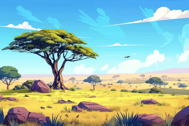 Safari landscape in the African savannah wild nature of Africa cartoon background with trees rocks and plain grassland field under a blue clear sky Kenya panoramic view parallax scene modern