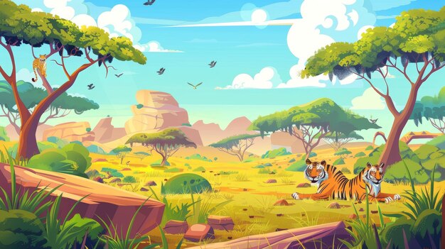 Photo safari landscape with safari animals green trees and stones with a tiger monkey and jackal in the background modern cartoon scene with wild animals green trees and stones