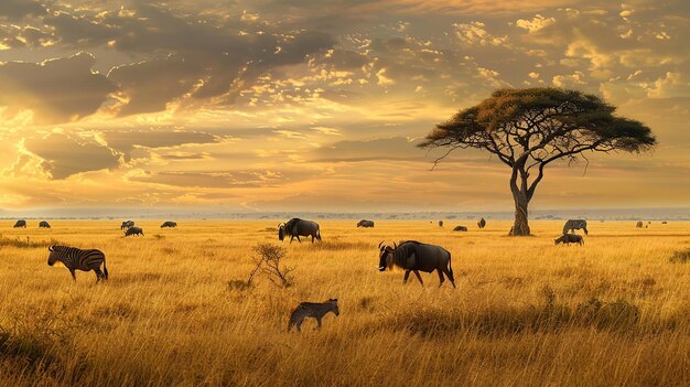 Photo safari serenade majestic animals roaming the savannah generative ai