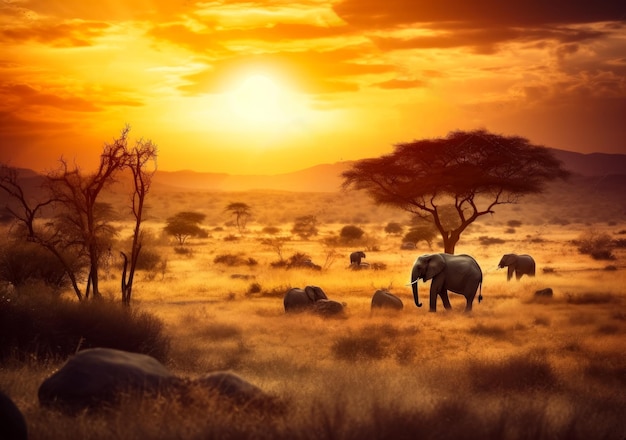 Safari sunset with animals Nature wildlife savannah landscape Generative AI