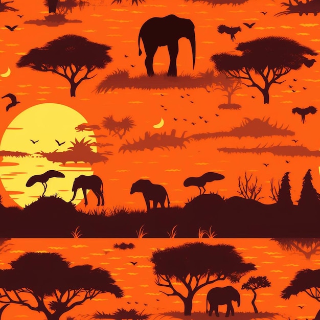 A safari themed wallpaper with elephants and trees.