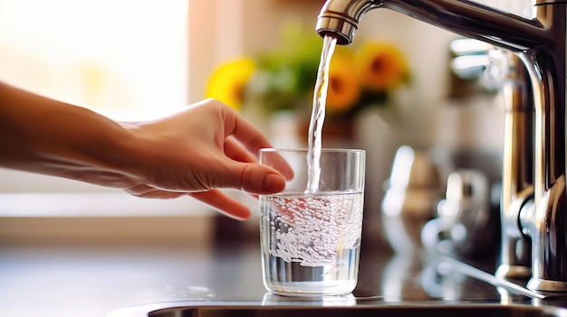 Фото Безопасное и освежающее наполнение стеклянной чашки чистой водой из кухонного крана генеративный искусственный интеллект