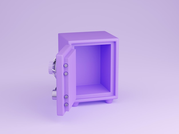 Safe box 3d render illustration of open cartoon purple strongbox isolated on pastel background