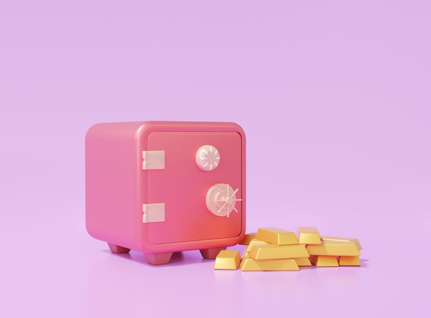 Safe box and gold bar, asset exchange earning Finance saving money concept.  cartoon style minimal on purple pastel background, copy space, 3D render illustration