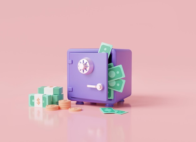 Safe box icon with coins stack and banknote and money fall out\
the open safe box on pastel pink background cash growth money\
financial security money saving concept 3d rendering\
illustration