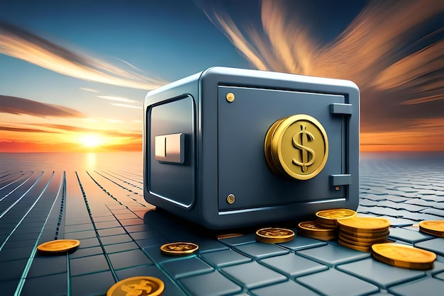 safe box money with coins and banknote cash 3d illustration style