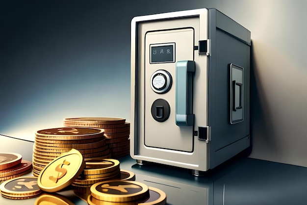 safe box money with coins and banknote cash 3d illustration style