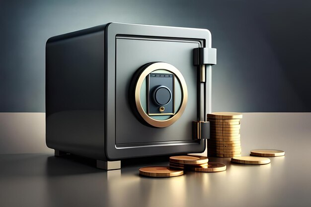 Photo safe box money with coins and banknote cash 3d illustration style