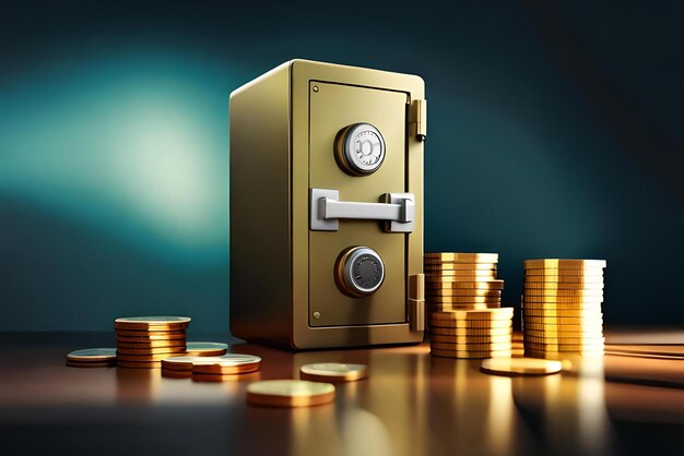 Photo safe box money with coins and banknote cash 3d illustration style