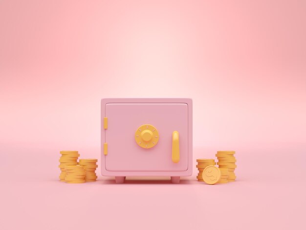 Photo safe box with 3d coins 3d render