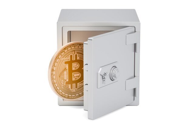 Photo safe box with bitcoin 3d rendering
