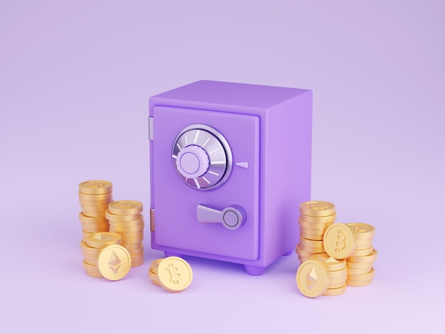 Safe box with crypto currency money 3d render closed purple strongbox surrounded by gold bitcoin and ethereum