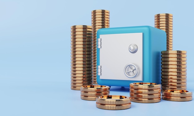 Safe box with golden coins on blue background Financial economic and money savings security