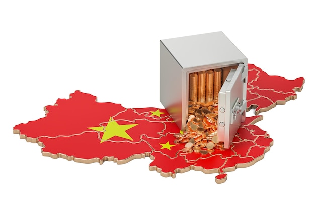 Safe box with golden coins on the map of China 3D rendering