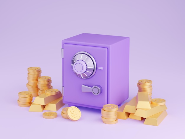 Safe box with money 3d render illustration of closed purple strongbox surrounded by pile of gold coins and ingots