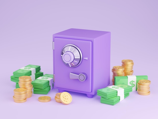 Safe box with money 3d render illustration of closed purple strongbox surrounded by pile of gold coins and paper cash