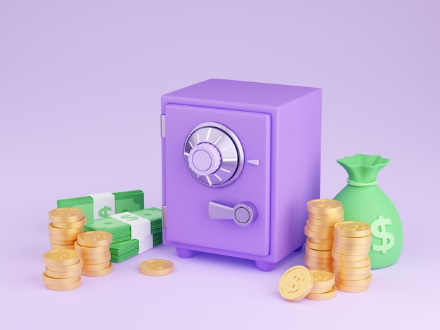 Safe box with money 3d render illustration of closed purple strongbox surrounded by pile of gold coins and paper cash