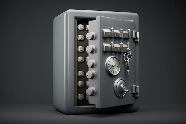 Safe deposit box with combination lock on gray wall created with generative ai