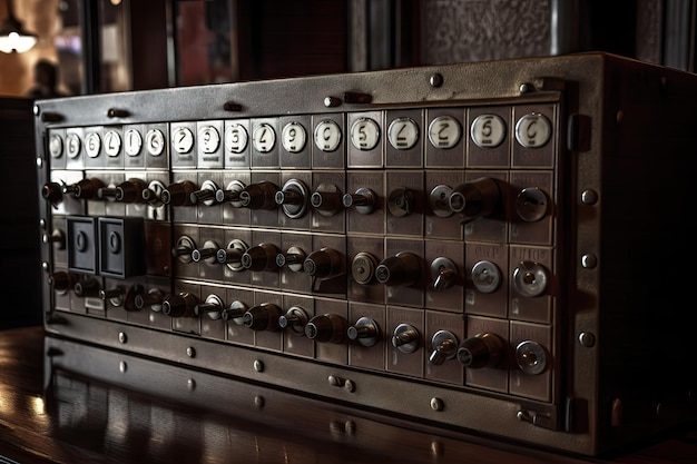 Safe deposit box with combination lock and key visible on the outside