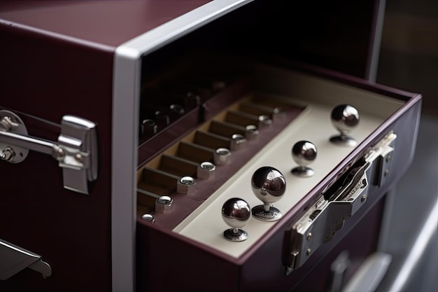 Safe deposit box with key in the lock ready for use