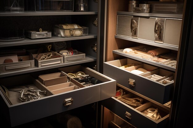 Photo safe interior with shelves and compartments providing organized storage for jewelry and important papers generative ai