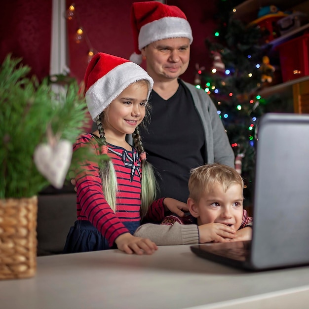 Safe online christmas happy family in santa red hats celebrating virtually via internet