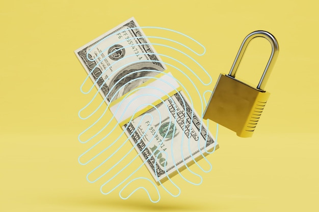 Safe storage of money a wad of dollars and a padlock on a yellow background 3D render