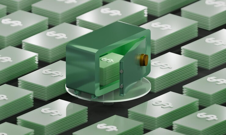 Photo safe with money surrounded by stacks of cash