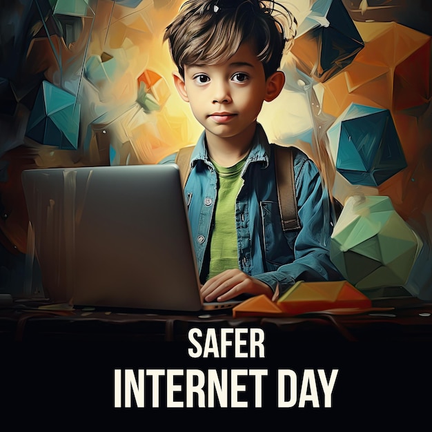 Safer Internet Day banner design with illustration boy with laptop