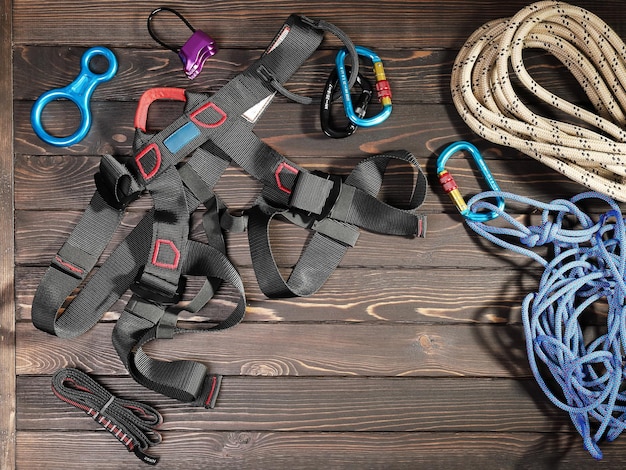 Safety belt harness for descent from rope height with carabiners mountaineering and insurance