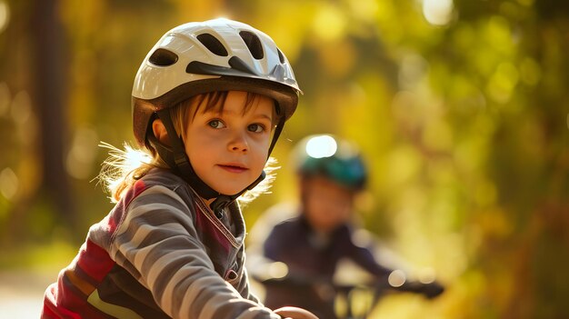 写真 安全コンセプト 4歳の可愛い男の子がヘルメットをかぶって自転車に乗っています