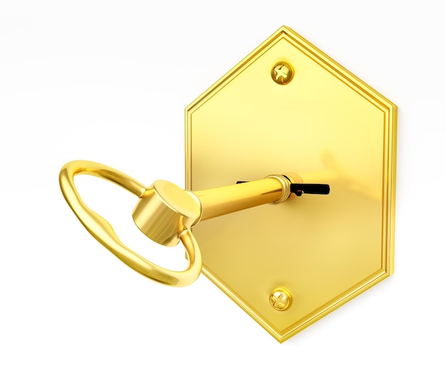 Photo safety concept golden safe key in keyhole on white