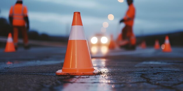 Photo safety cones blurred road construction background road maintenance concept road repair