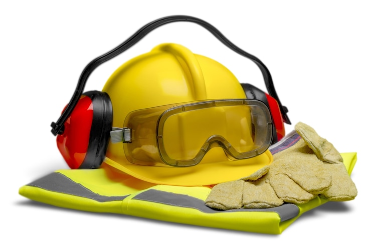 Photo safety equipment - helmet, goggles, ear protection, vest and gloves