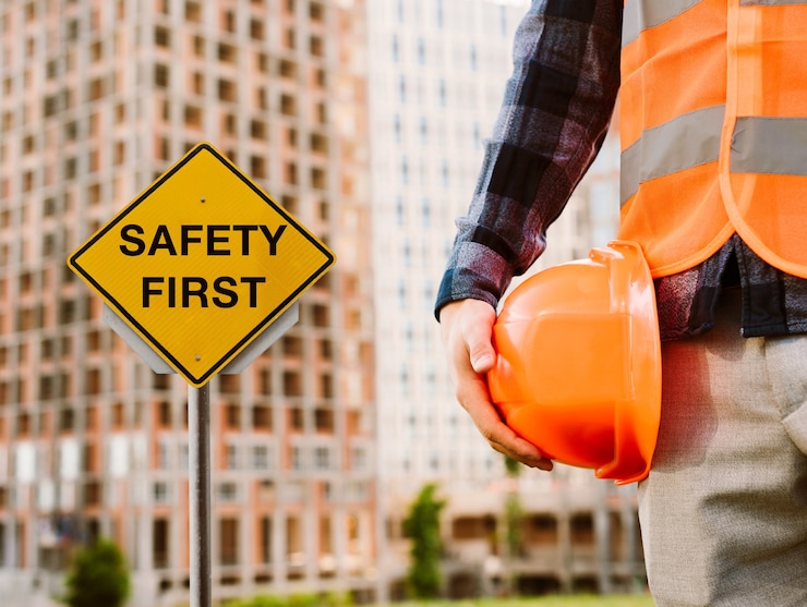 Photo safety first concept with worker
