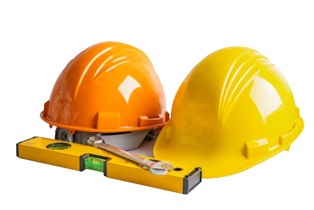 Safety first hard helmet hat and engineer tool with copy space engineering construction and architecture concept