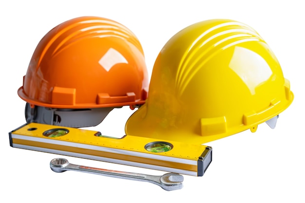 Safety first hard helmet hat and engineer tool with copy space engineering construction and architecture concept