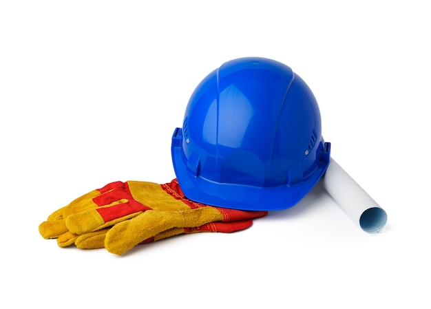 Safety hardhat and work gloves isolated on white background