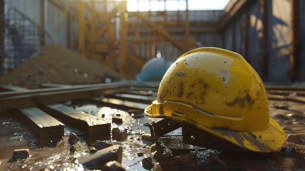 Safety helmet on construction site symbol of ongoing progress and caution