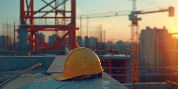 A safety helmet on the drawings with a building being constructed in the background Generative AI